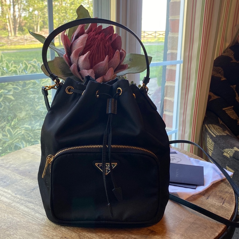 Prada bucket bag, black, nylon with leather trim. Brand new. Never used.